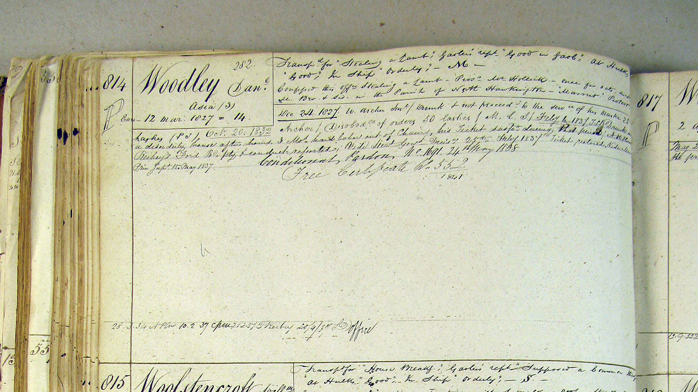 Excerpt from ledgers held as part of Brickendon Estate’s archives mentioning Daniel Woodley.