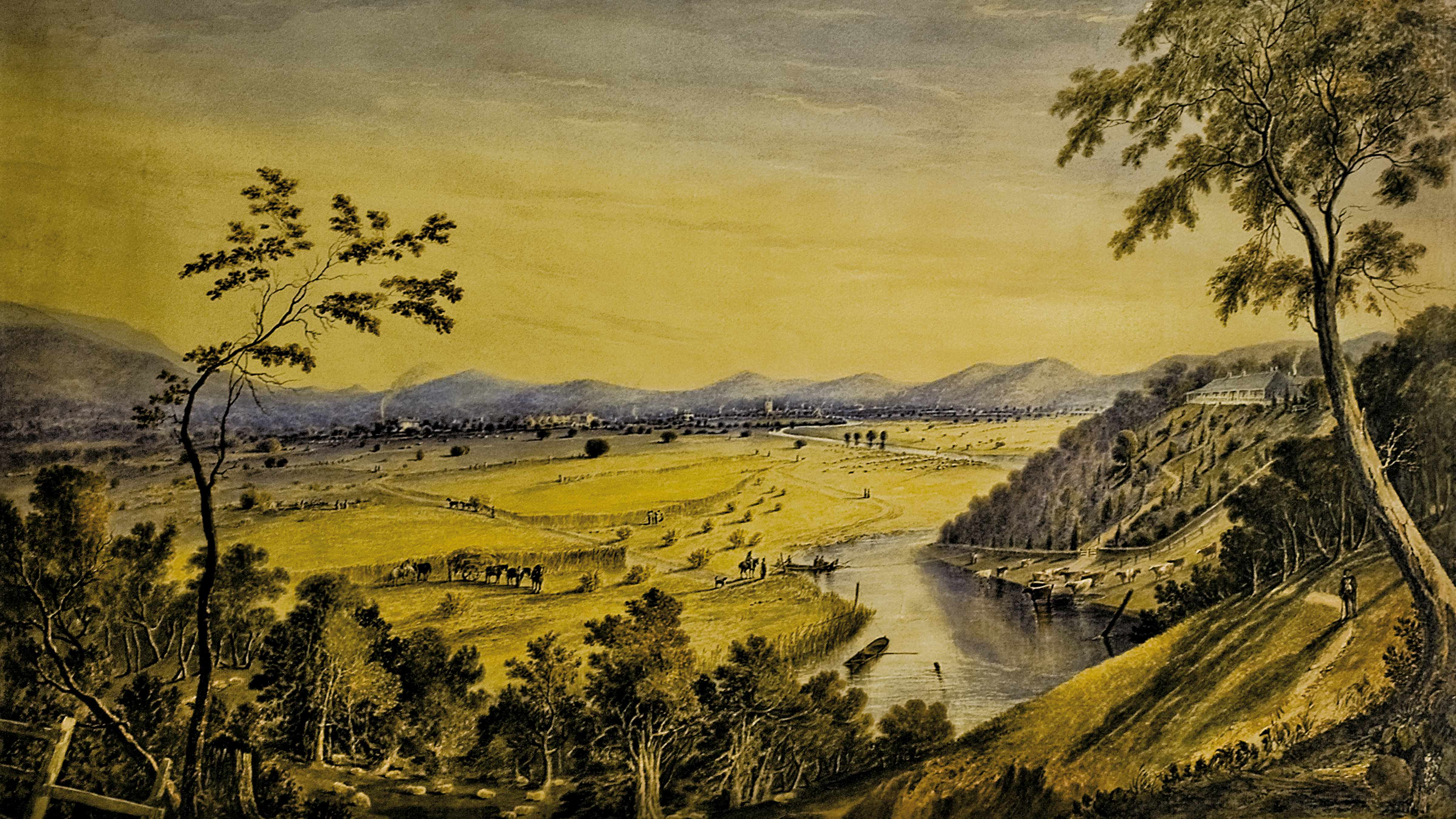Oil painting of Norfolk Plains by William Thomas Lyttleton. Painted 1833. It shows Woolmers in the foreground and Brickendon in the distance across the Lake River, renamed the Macquarie River. Image shows men and bullocks working the fields, native trees and a punt that crosses the river. Source: Brickendon Estate Archives.