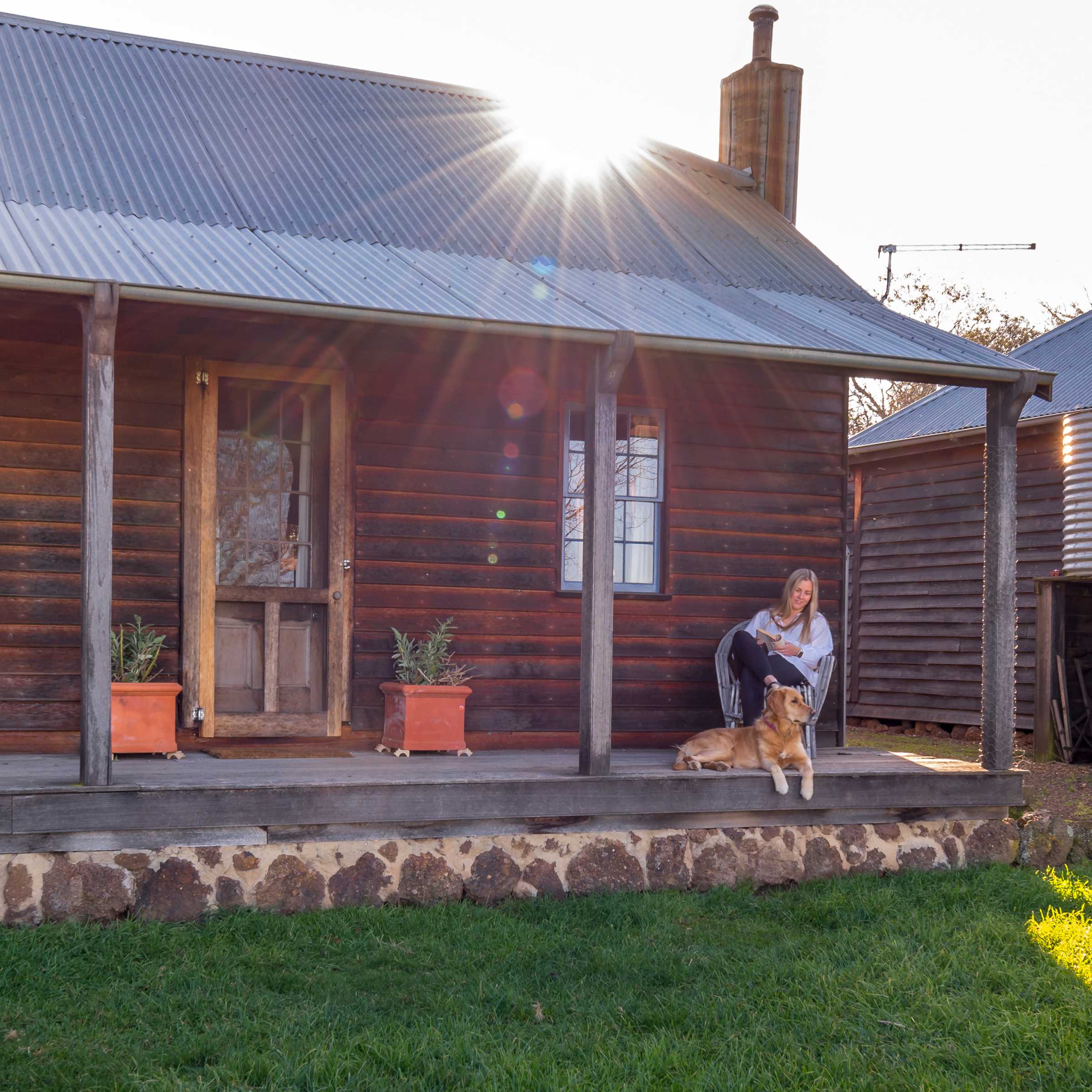 The external verandah of Pumpkin cottage has timber posts and horizontal weatherboard walls. Two windows and a timber front door with two square terracotta pots on either side A chimney stands to the right of the corrugated iron roof. A lady is sitting in a chair with a golden retriever. A shaft of sunlight is shining through a gap beside the cottage on to the grass. Photo: Rob Burnett.