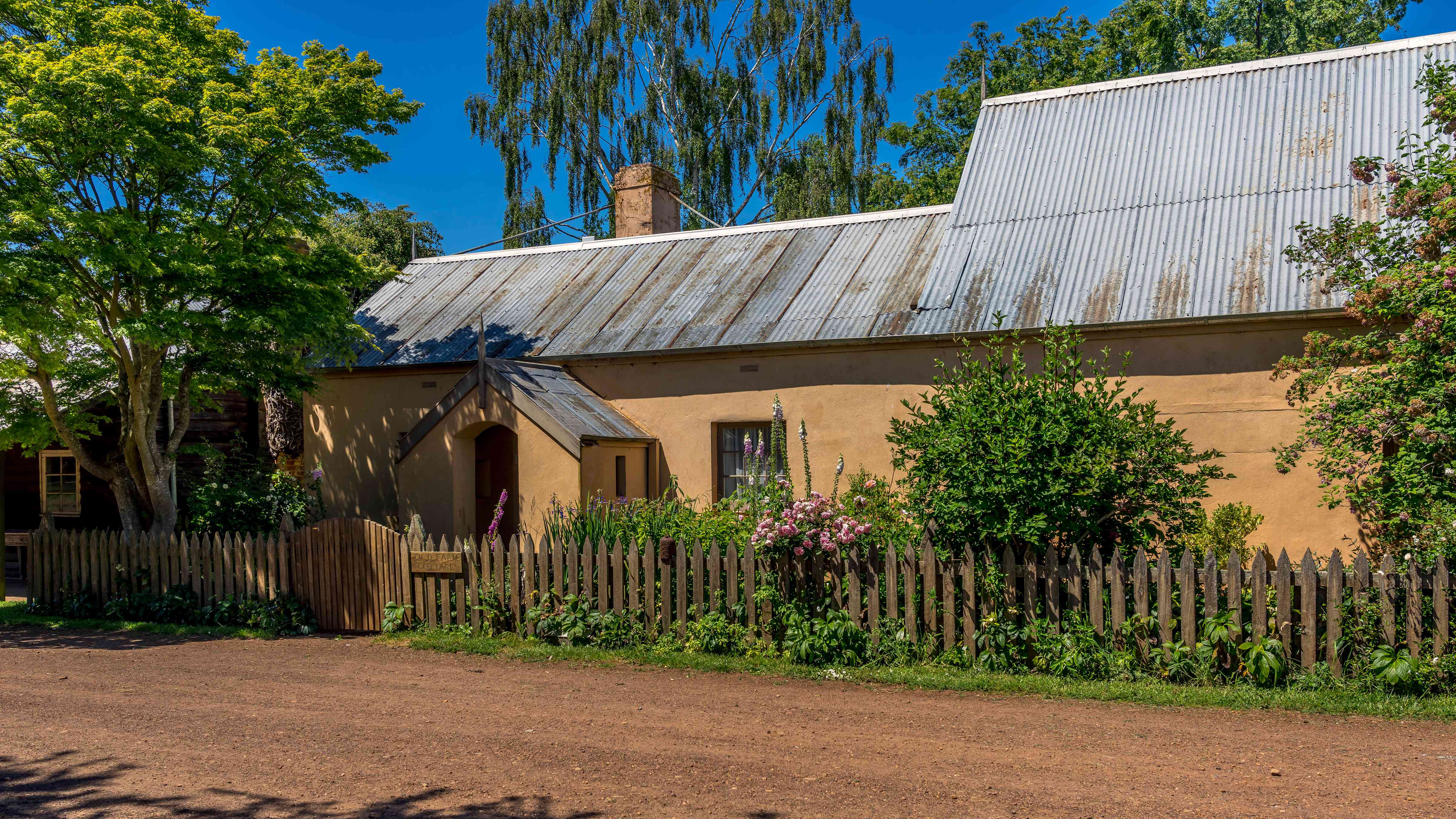 Light pink limewashed walls with a porch and window are partially obscured by a cottage style garden and a timber picket fence. The roof is pitched and has aged corrugated iron. A tree stands to the left of the image and a gravel road in the foreground. Photo: Rob Burnett.