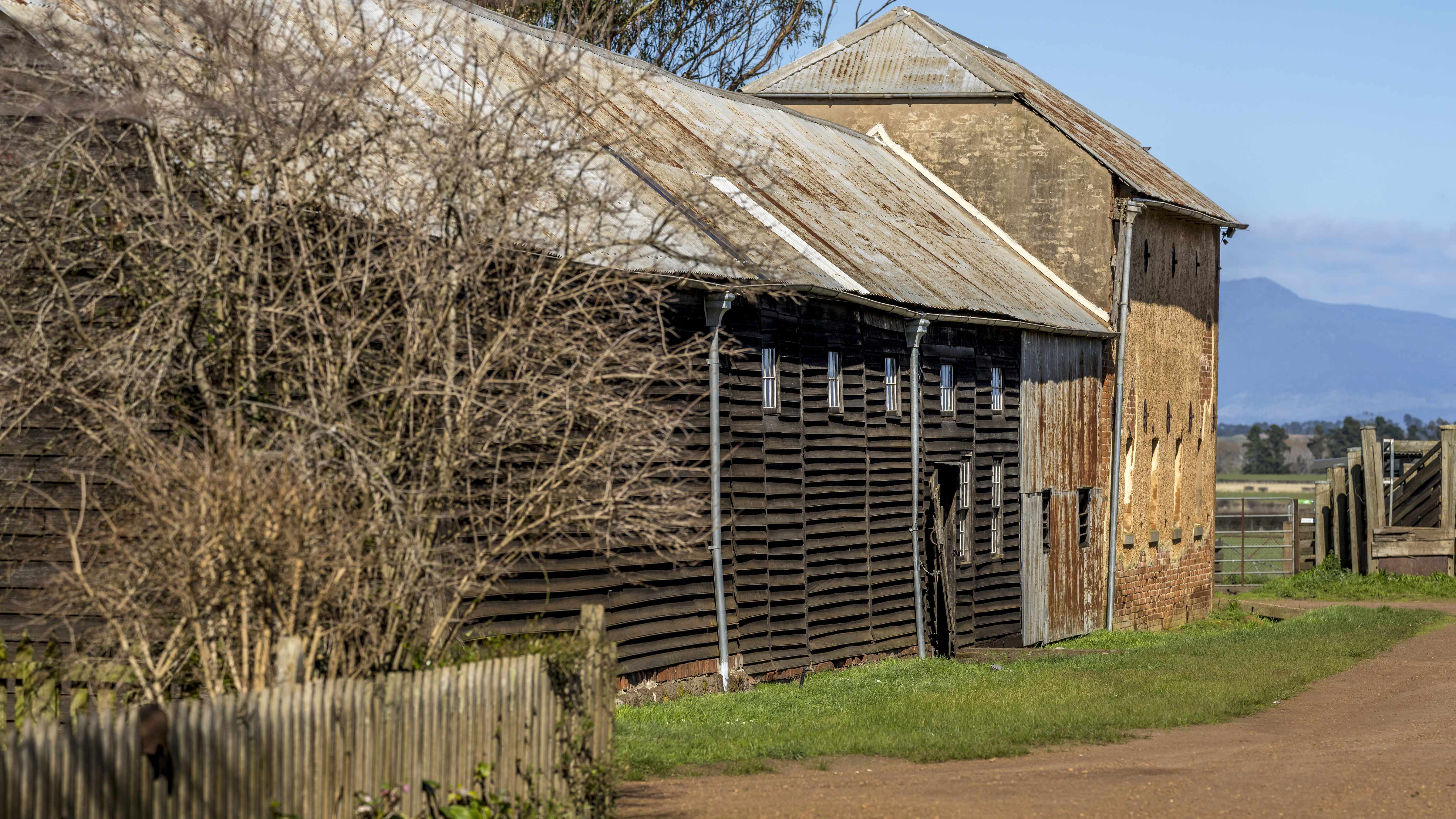 The Farm Village streetscape showing the horizontal weatherboards of the draught horse stables, shearing shed and brick granary. Photo: Rob Burnett.