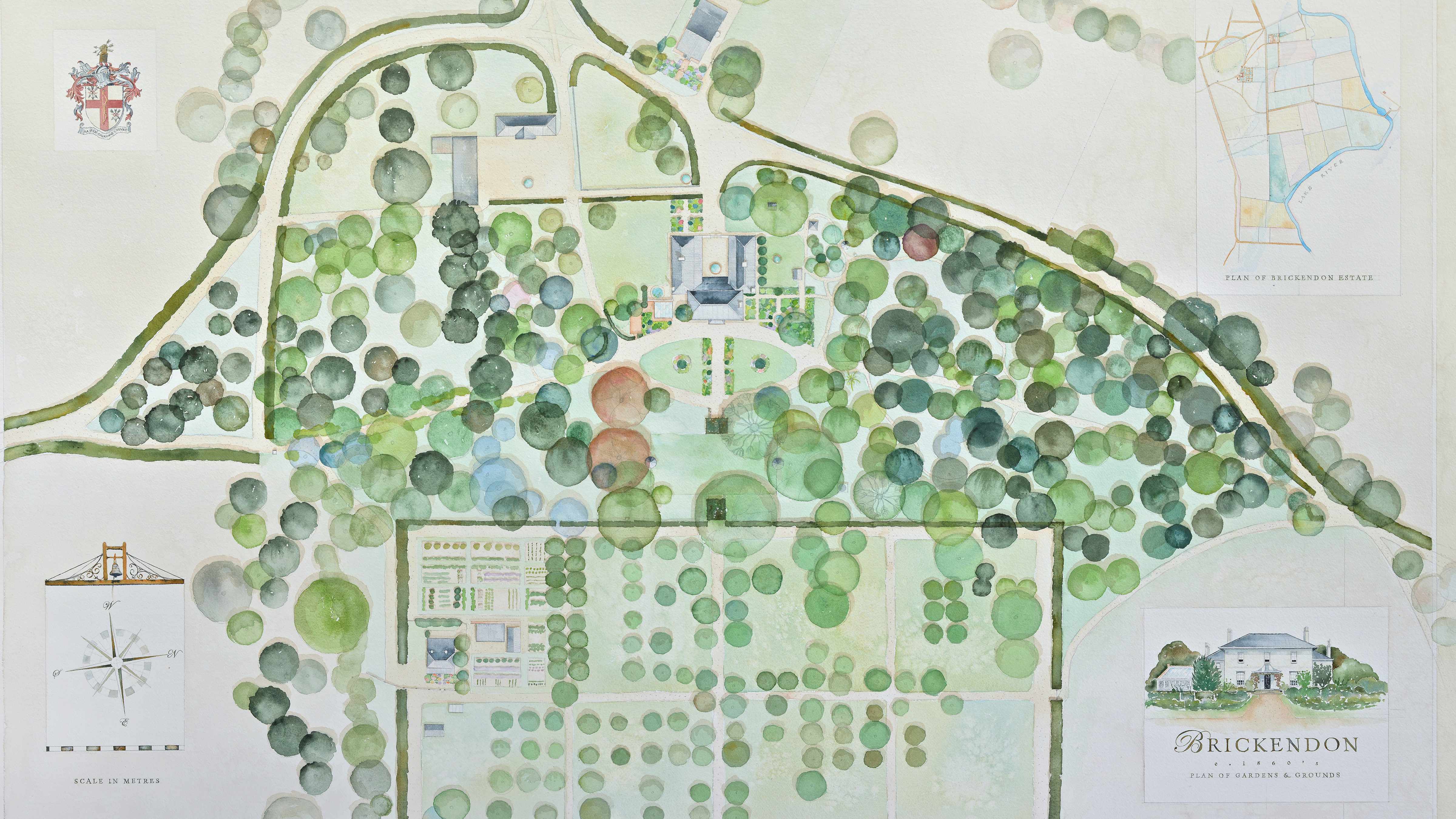 Brickendon Estate artwork by Catherine O’Neill featuring the gardens shrubberies and orchard plantings in the 1850s, and inserts of the family coat of arms, Brickendon map, Brickendon homestead and courtyard bell detail. Source/artist: Catherine O’Neill Brickendon Estate Archive.