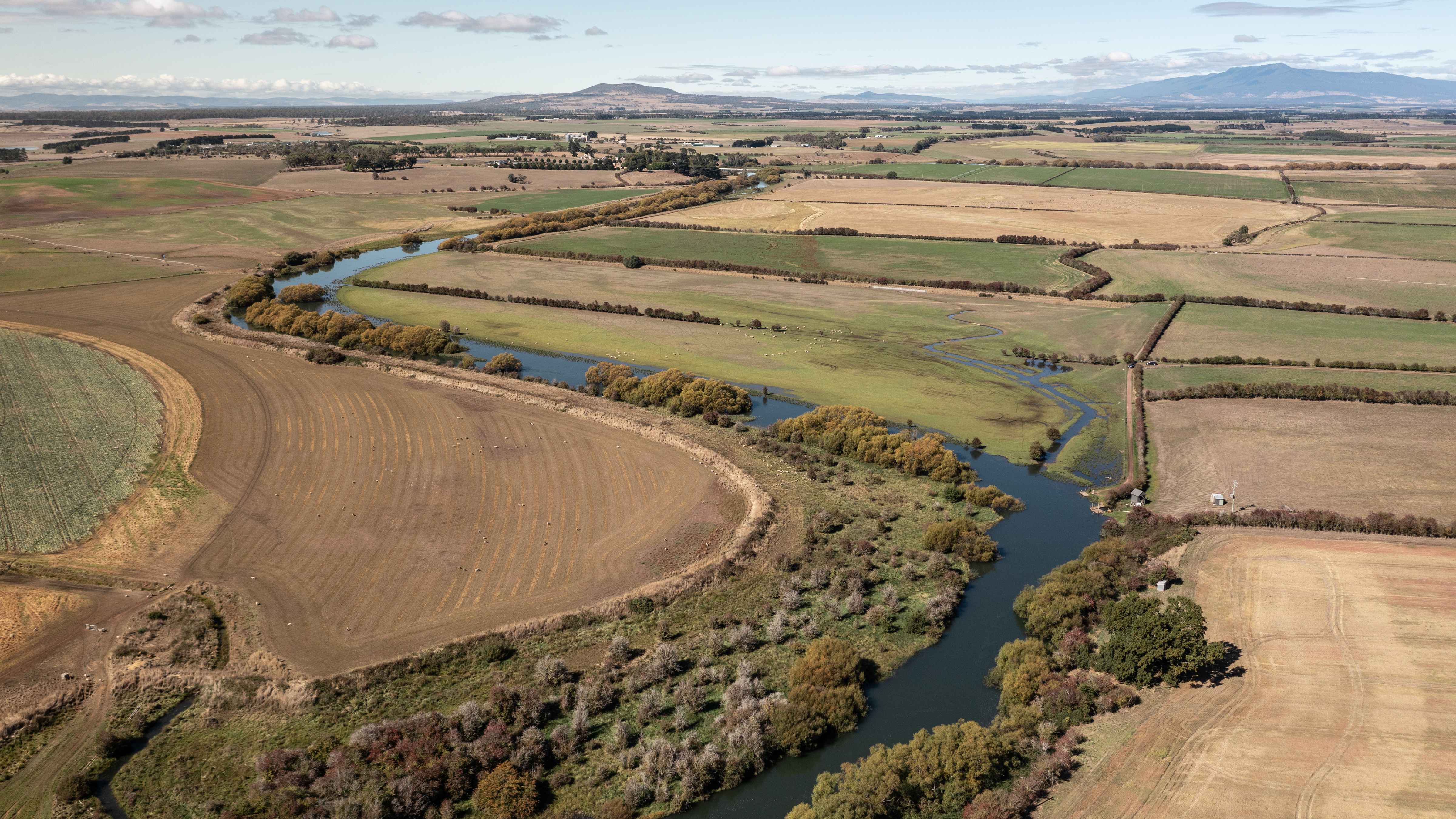 Aerial shot of Brickendon fields on the left of the Macquarie River and further cultivated farmland on the right of the river. River banks are lined with willow trees and tussocks. Photo: Kate von Stieglitz / Tourism Australia.