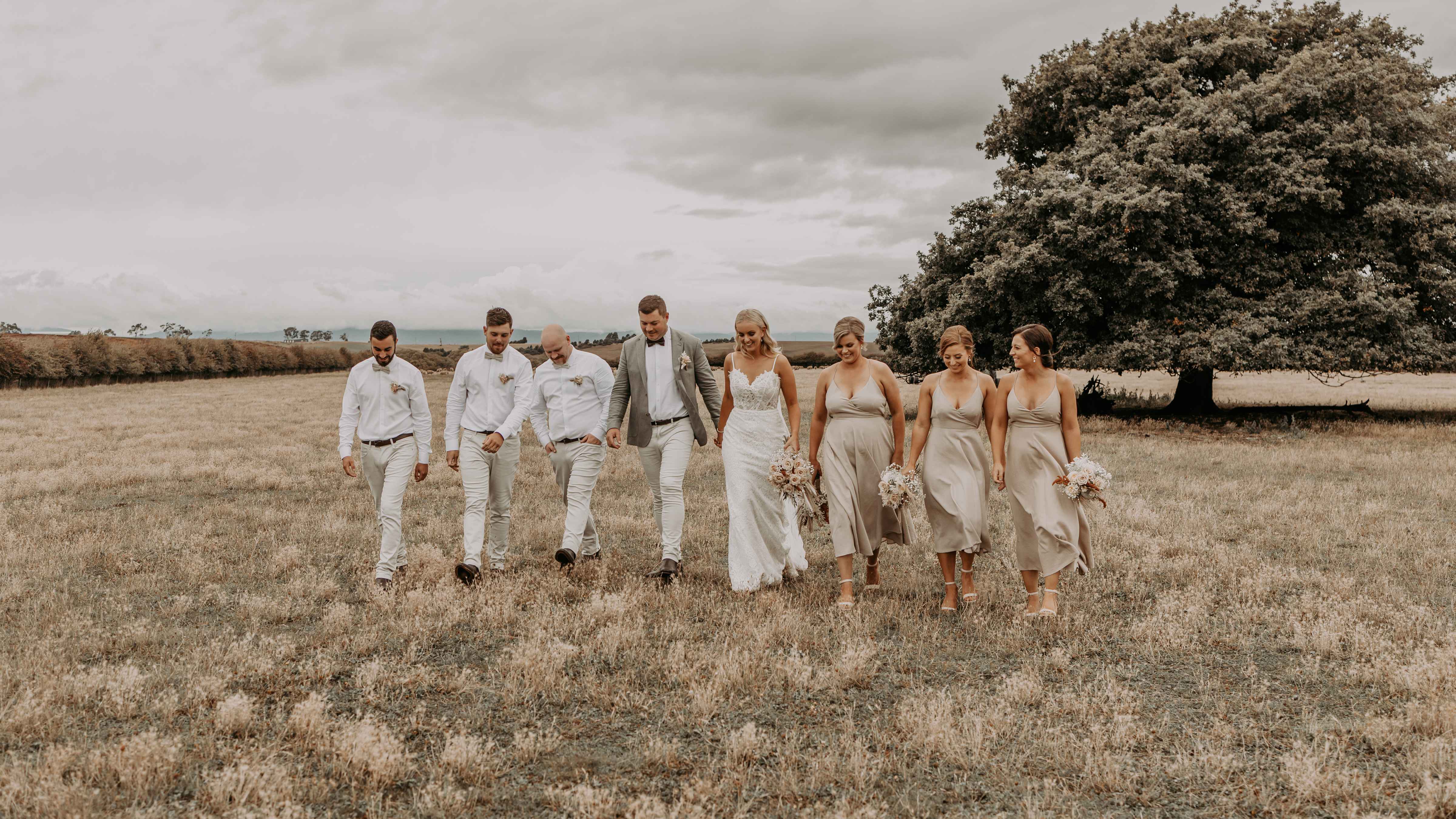 A bridal party of four men and four women walk through a paddock with a large oak tree in the background. The sky is overcast. Photo: Tiarne Shaw Photography.